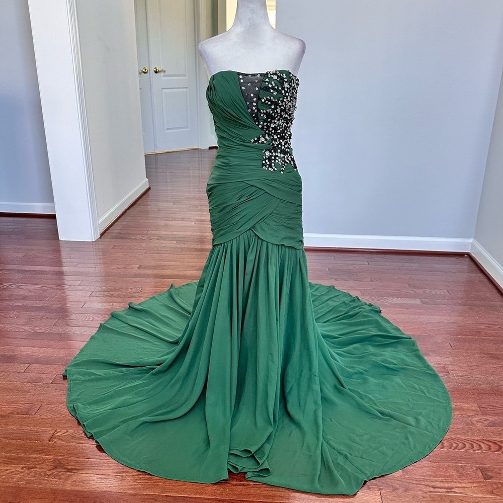 JJ's House Green Strapless Beaded Embellished Fit & Flare Train Gown Dress
